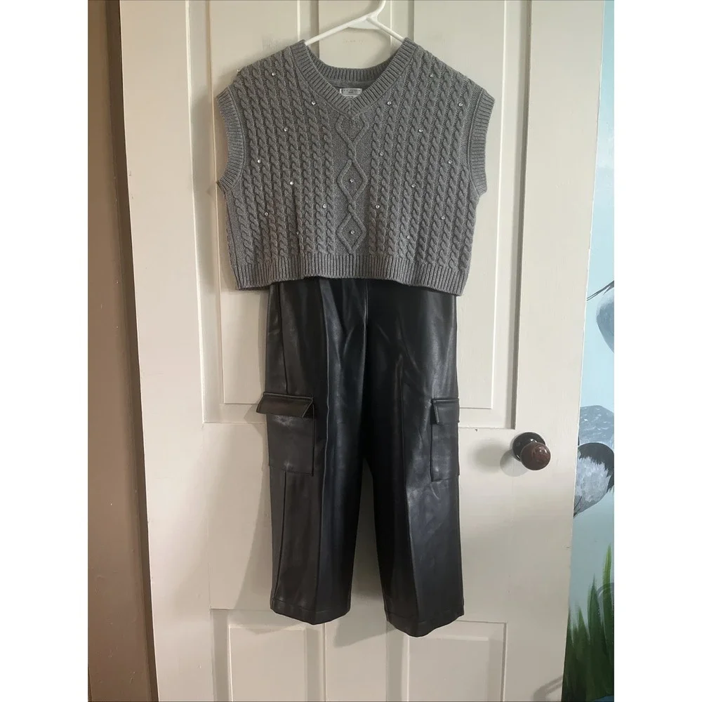 Max Studio Girls Size M 7/8 Faux Leather Pant & Sweater Vest Set